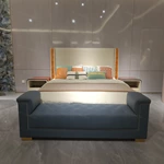 Slate Blue Leather Bed End Bench with Nailhead Trim and Metal Block Feet
